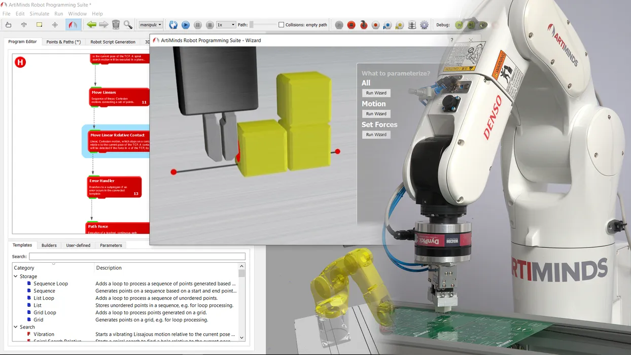 Bild 1:	Mit der Robot Programming Suite (RPS) von ArtiMinds lassen sich intuitiv Roboter aller namhafter Hersteller programmieren. Programmiert wird nicht wie bisher über Zeilencode, sondern grafisch mit vordefinierten Anwendungspaketen. Das Tool spielt seine Vorteile im gesamten Prozess aus, von der Planung über die Programmierung bis hin zur Instandhaltung. (Urheber: ArtiMinds)