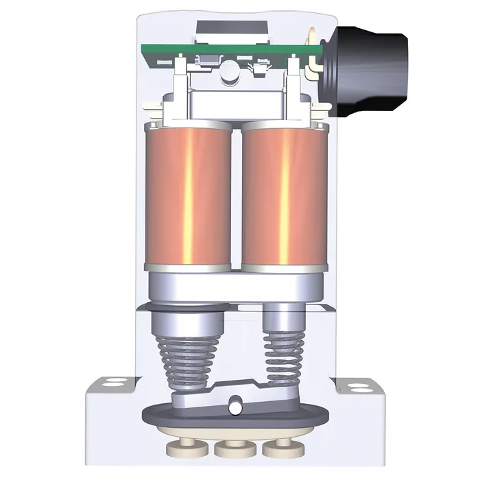 Bild 4: 	Beim TwinPower-Spulensystem werden zwei gleichsinnig gewickelte Spulen parallel auf einem gemeinsamen Joch angeordnet. (Quelle: Bürkert Fluid Control Systems)