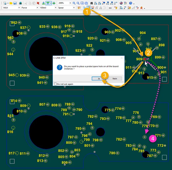 Bild 2:	Die Software C-LINK DTM unterstützt einfaches und zuverlässiges Testadapterdesign. Hier an den Beispielen Boardnummerierung (2a) und Nadelpositionierung (2b). (Quelle: Digitaltest)