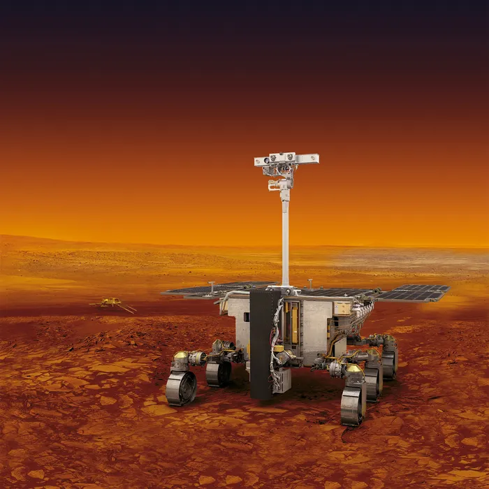 Bild 1:	Der ExoMars Rover soll nach der Landung nach biologischen Aktivitäten auf dem Mars suchen. Das Kamerasystem ist auf einem 2 m hohen Mast montiert. (Quelle: ESA/ATG medialab)