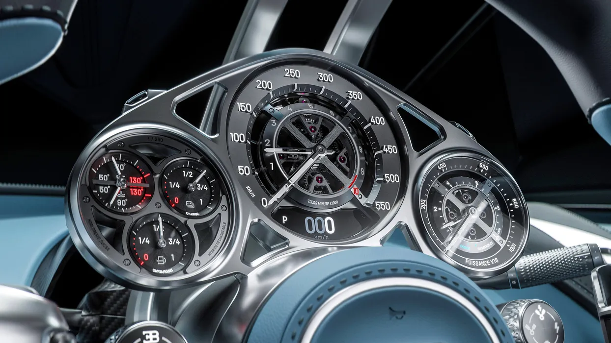 Bild 3:	Das komplexe Uhrwerk für die analoge Anzeige besteht aus 600 Teilen, die von Grund auf neu entwickelt werden mussten. (Urheber: BUGATTI AUTOMOBILES)