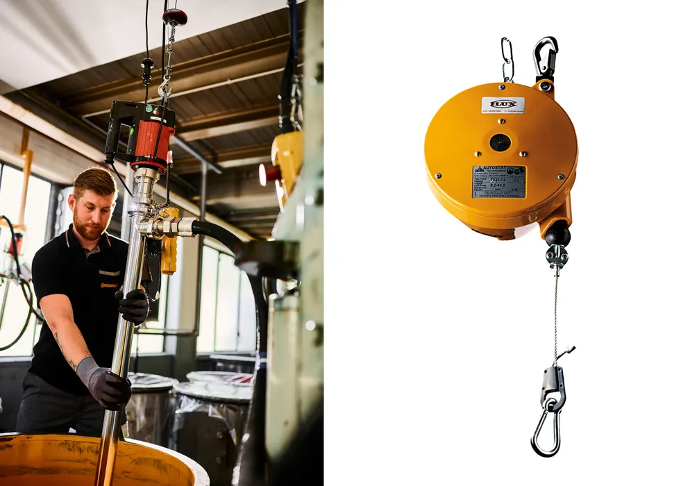 Bild 1: Balancer mit einem Federzug entlasten vom Gewicht des Pumpenmotors bei freien Arbeitsradius rund um den Aufhängepunkt. (Urheber: FLUX)
