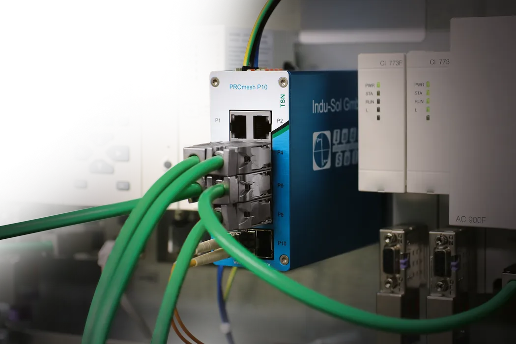 Bild 3:	Managed Industrial Ethernet Switch PROmesh P10. Backplane Kapazität: 51,2 Gbit/s, Throughput:19,3 Mpps., Buffer Size: 2 MBit und Buffer Pagesize: 256Byte. (Urheber: Indu-Sol) 