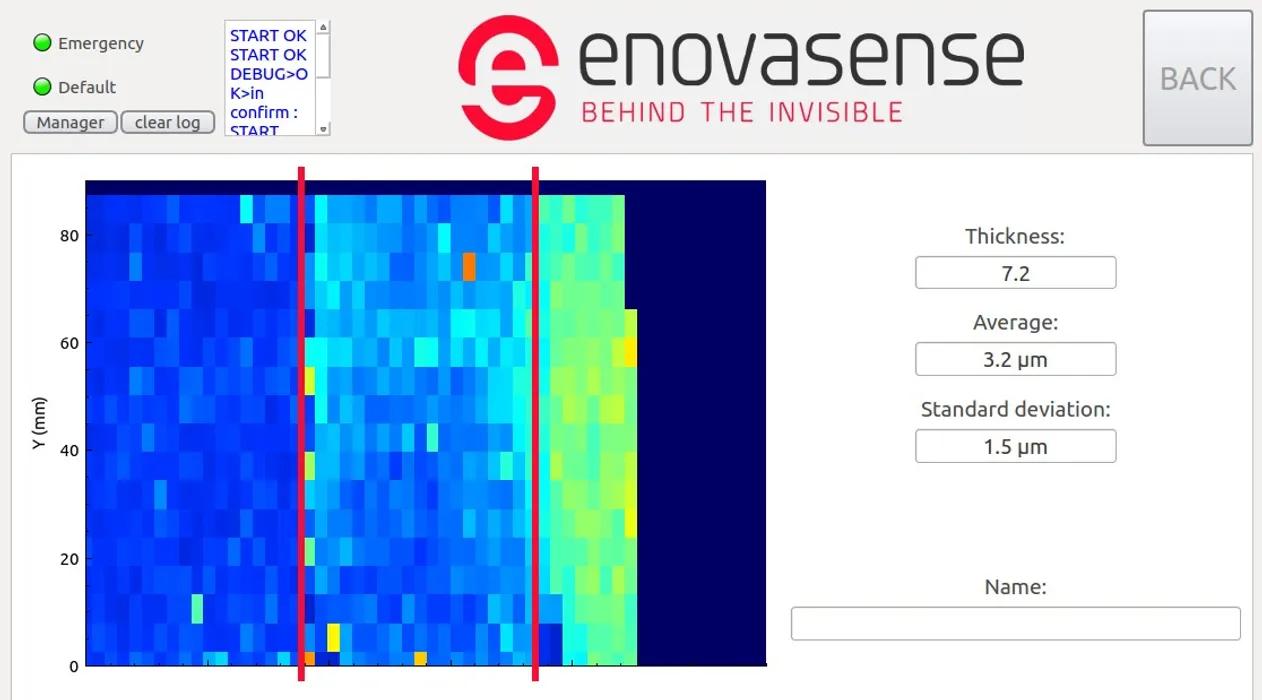 Bild 5:	Messergebnisse für drei eloxierte Teile im gleichem Eloxal-Bad aber an unterschiedlichen Positionen. Der Screenshot zeigt eine Livemessung; der dunkelblaue Bereich rechts im Bild ist noch nicht gemessen. (Urheber: Enovasense)