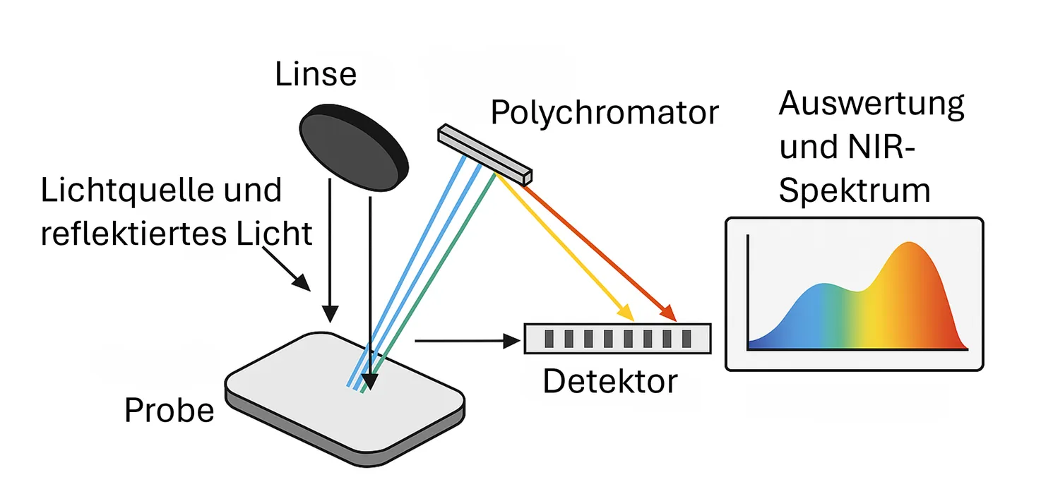 Bild 2:	Aufbau eines dispersiven Nahinfrarotspektrometers. NIR- Reflektionsmessungen ermöglichen zerstörungsfreie Analysen produktionsrelevanter Inhaltsstoffe (Urheber: Polytec)