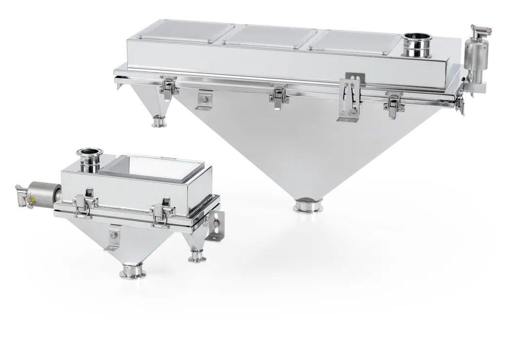 Bild 2:	Pulverwiederaufbereitung im 3D-Druck: Ultraschall-Systeme regen feinste Siebgewebe an, erhöhen Durchsatzmengen oder verbessern dank der permanenten Abreinigung des Siebes die Trennschärfe des Siebgutes. (Urheber: Telsonic)