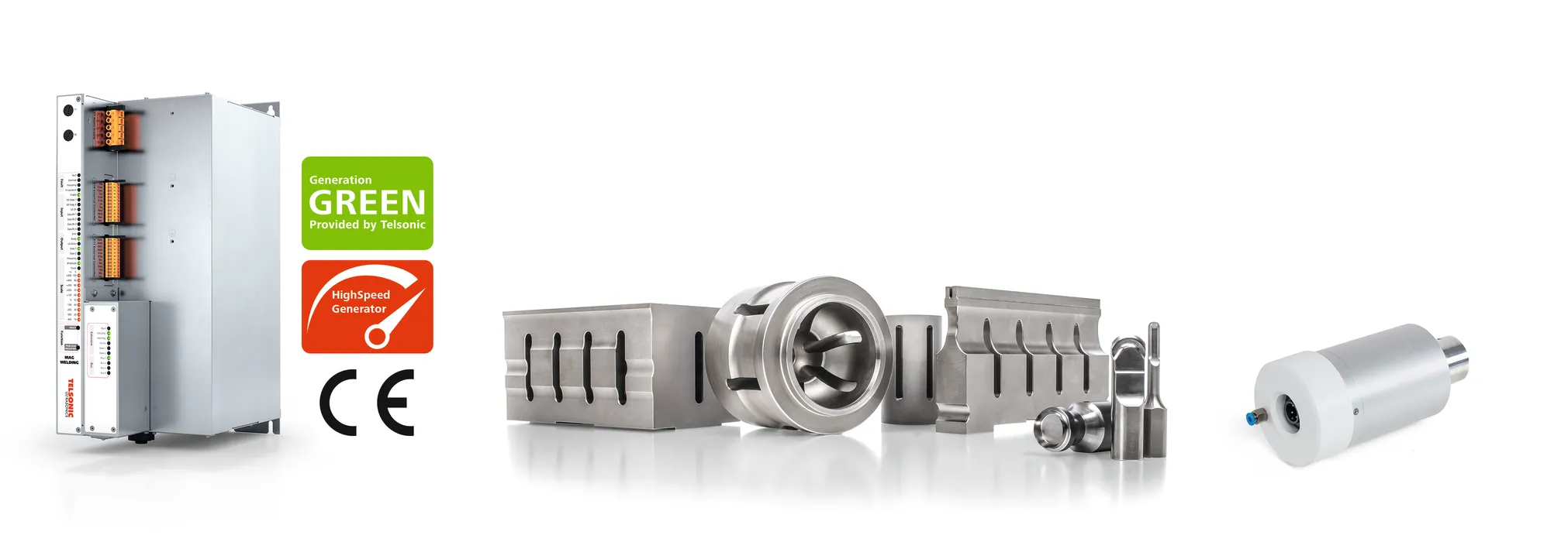 Bild 2:	CE-konforme Ultraschallkomponenten für den Anlagenbau: Digitaler Ultraschallgenerator, akustische Werkzeuge zum Trennen oder Fügen und Ultraschallkonverter. (Urheber: Telsonic) 