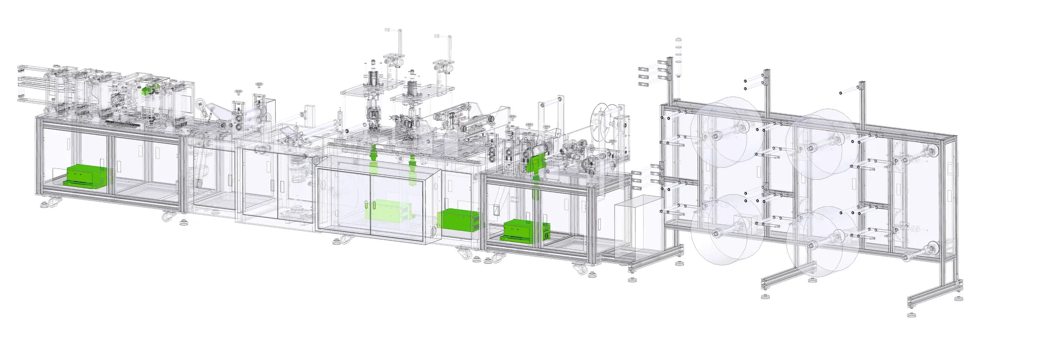 Bild 3:	Automatisierte Maskenproduktion von der Vliesabrollung bis zum Ausschleusen der fertigen Maske. (Urheber: Telsonic) 