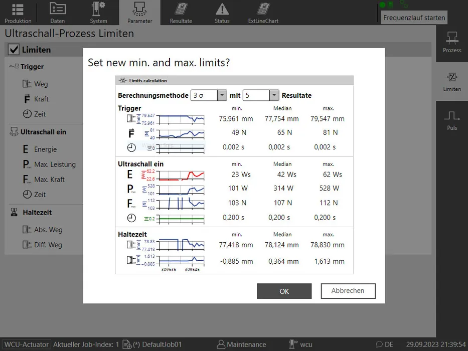 Bild 3:	Automatisierte Grenzwerterstellung und einstellbare Prozessparameter für maximale Qualitätssicherung mit der Quality Sigma App. (Urheber: Telsonic)